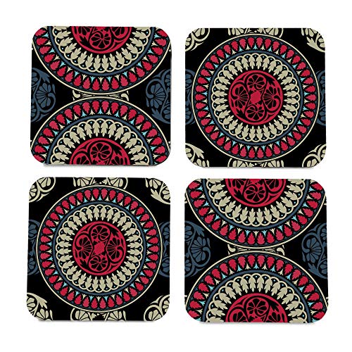 Image of Wooden Coaster Set with Gift Box | Black Mandala Design | Set of 4 Tabletop Square Coasters 3.75 inch x 3.75 inch | Kitchen Table Wooden Decorative Items | for Cups, Mugs, Cans, Glasses