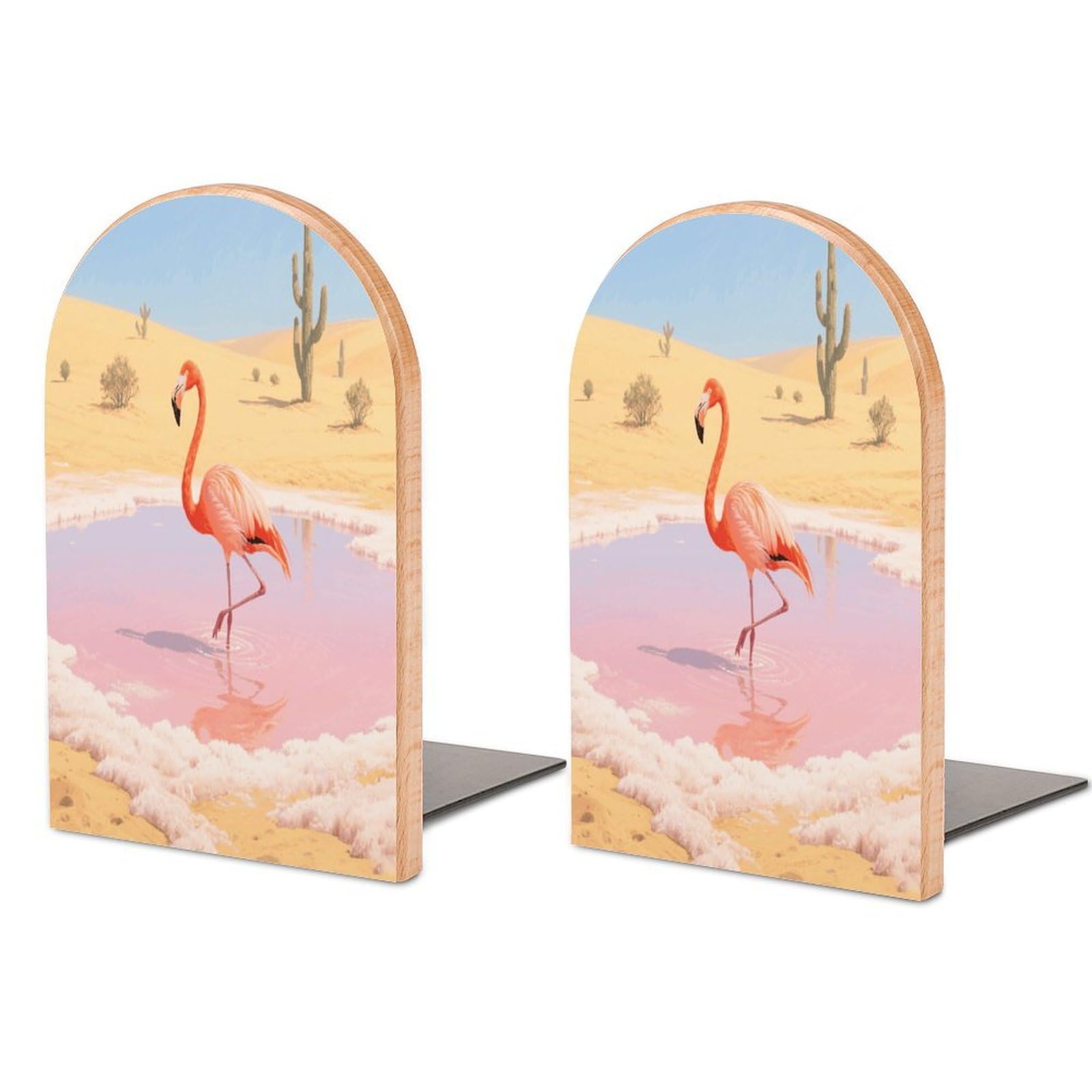 Orange Flamingo in Salt Lake Bookend Modern Non-Skid Bookends Heavy Duty Wooden Book Stopper Support for Heavy Books Book Organizer for Home Office Supplies