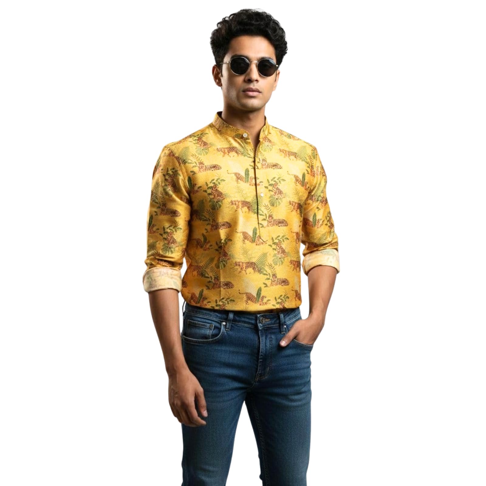 Ruralifestyle Men Kurta Style Shirt Pure Linen Satin Yellow-image-9