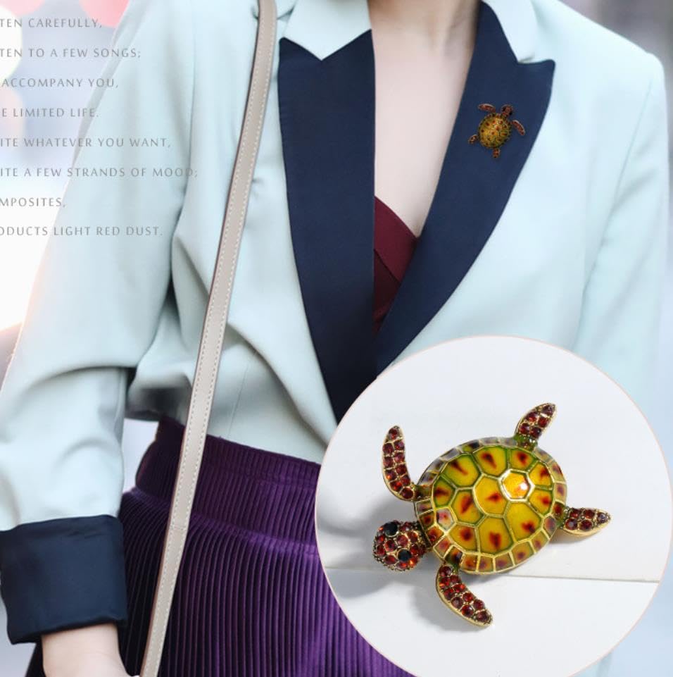 Image of Turtle Animal Brooch Pin Exaggerated Long Life Tortoise Lapel Pin Retro Crystal Sea Animal Safty Pin Women Men Clothes Decor Birthday Gift for Mom Grandma
