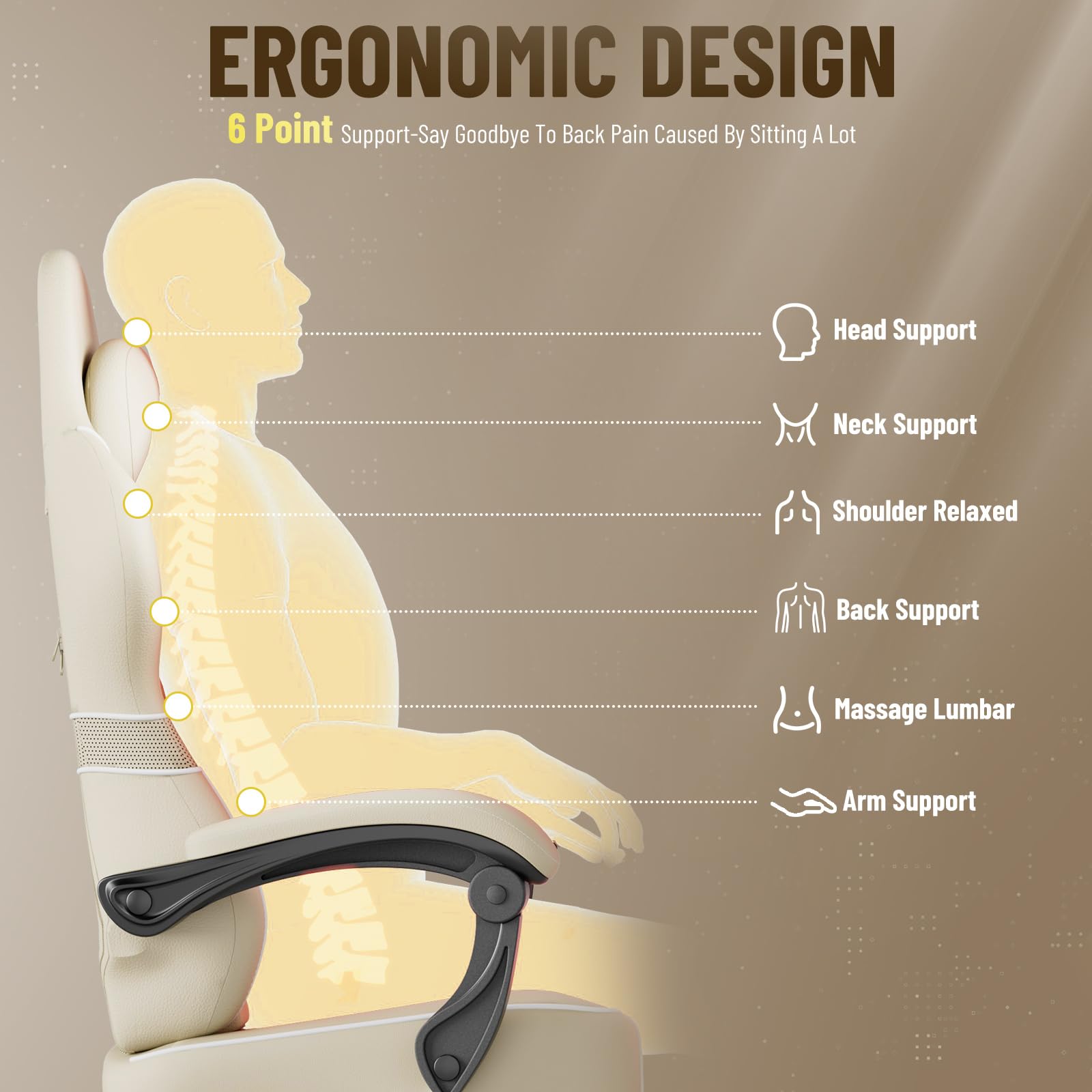 Ferghana Gaming Stuhl，Gaming Stuhl Ergonomisch，Bürostuhl aus Stoff PU-Leder, Gamer Chair mit Verstellbare Kopfstütze und Lendenkissen，Armlehnen，Fußstütze，PC Stuhl für Office Gaming (Beige,PU-Leder)
