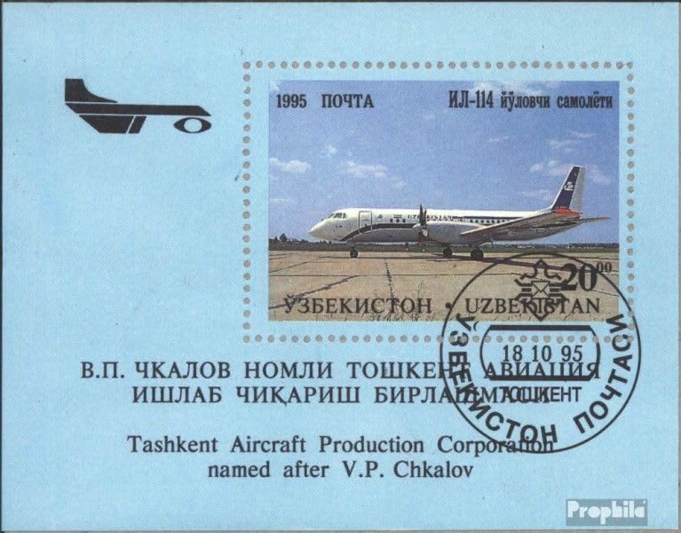 usato Prophila Collection Uzbekistan Blocco 8 (Completa Edizione) Usato 1995 Aircraft Fuori Chkalov-Plant (Francobolli per i Collezionisti) Aerei/Palloncini/Zeppelin/Aviazione