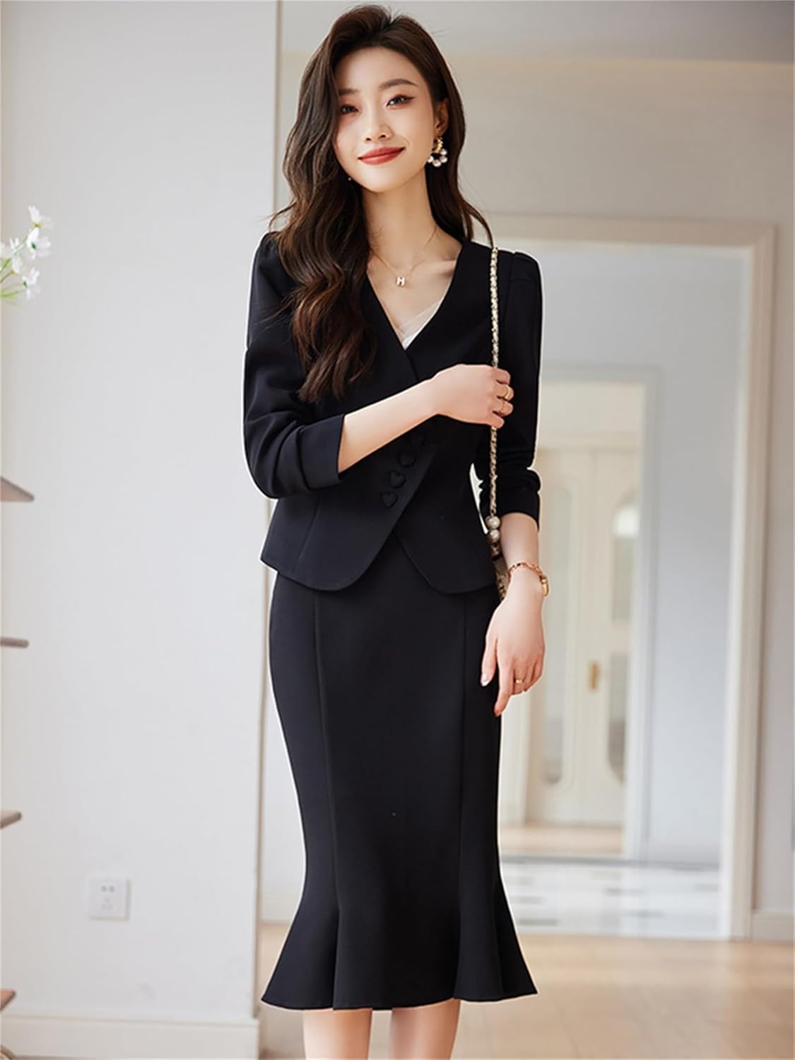 Women's Professional Two Piece Suit Set V Neck Blazer and Mermaid Skirt for Office Business Work
