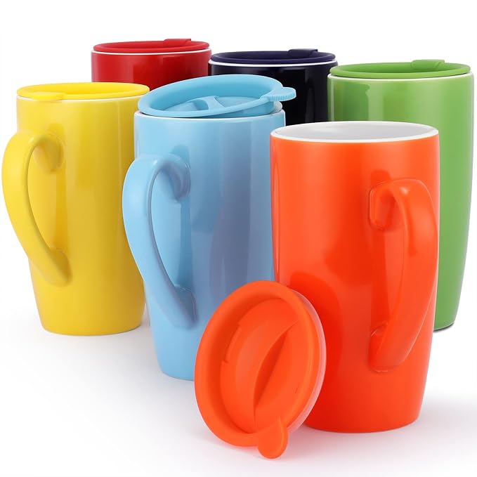 Vivimee 6 Pack Ceramic Coffee Mug Set with Lids, 18 Ounce