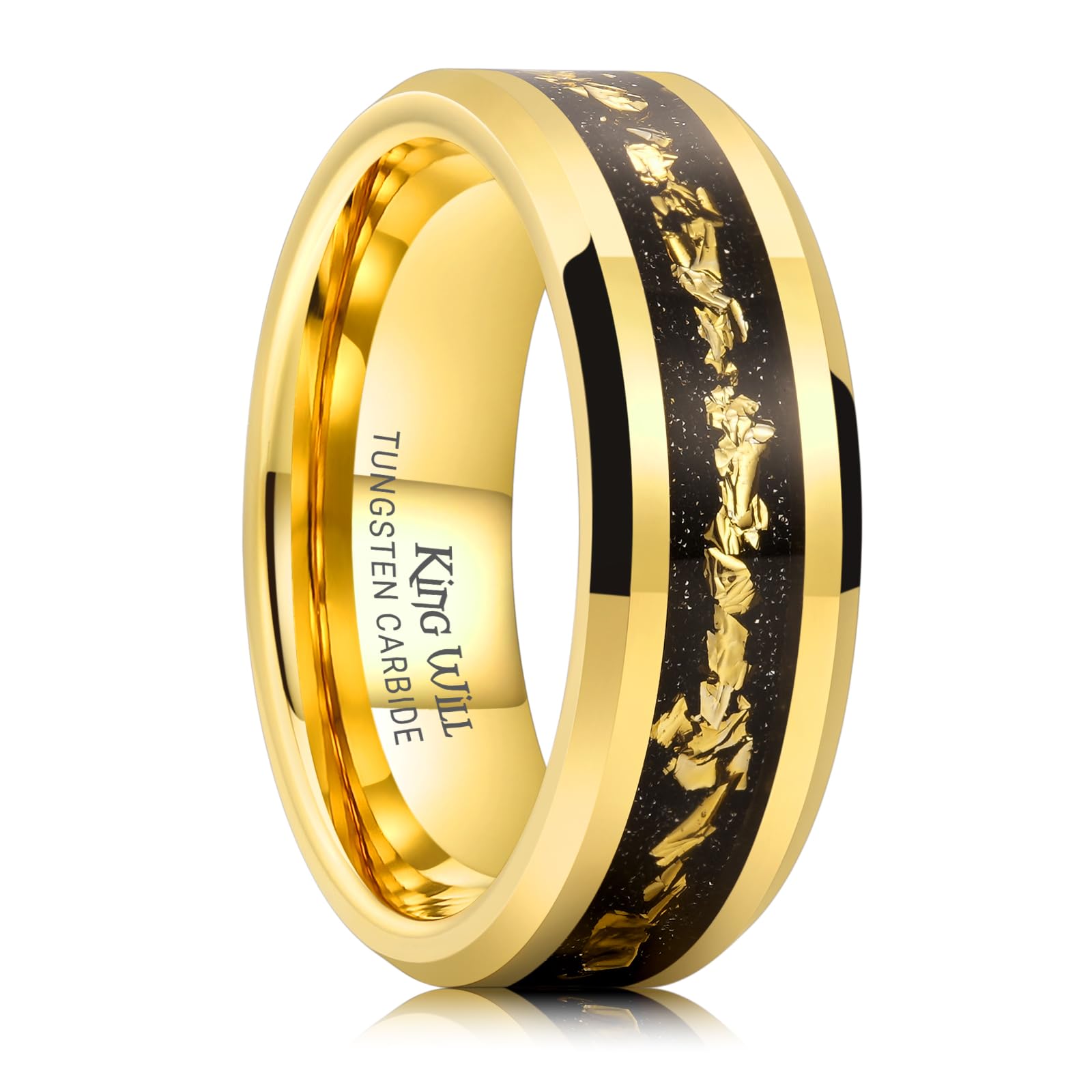 King Will Mens Wedding Band with Foils Inlay, Black/Silver/Gold
