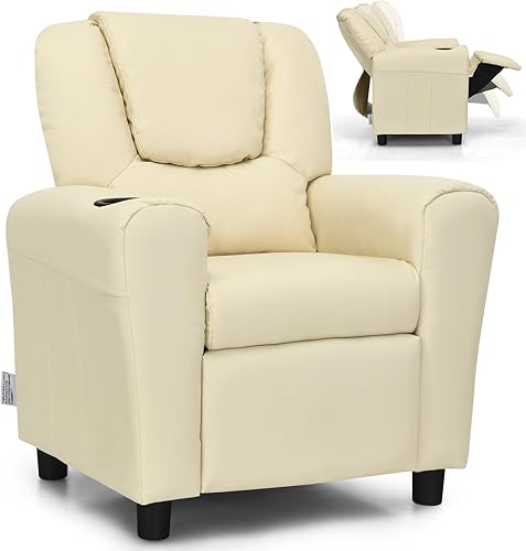 LDAILY Silla reclinable para niños, de piel sintética, con soporte para tazas, reposapiés ajustable, sofá ergonómico para niños y niñas, sala de