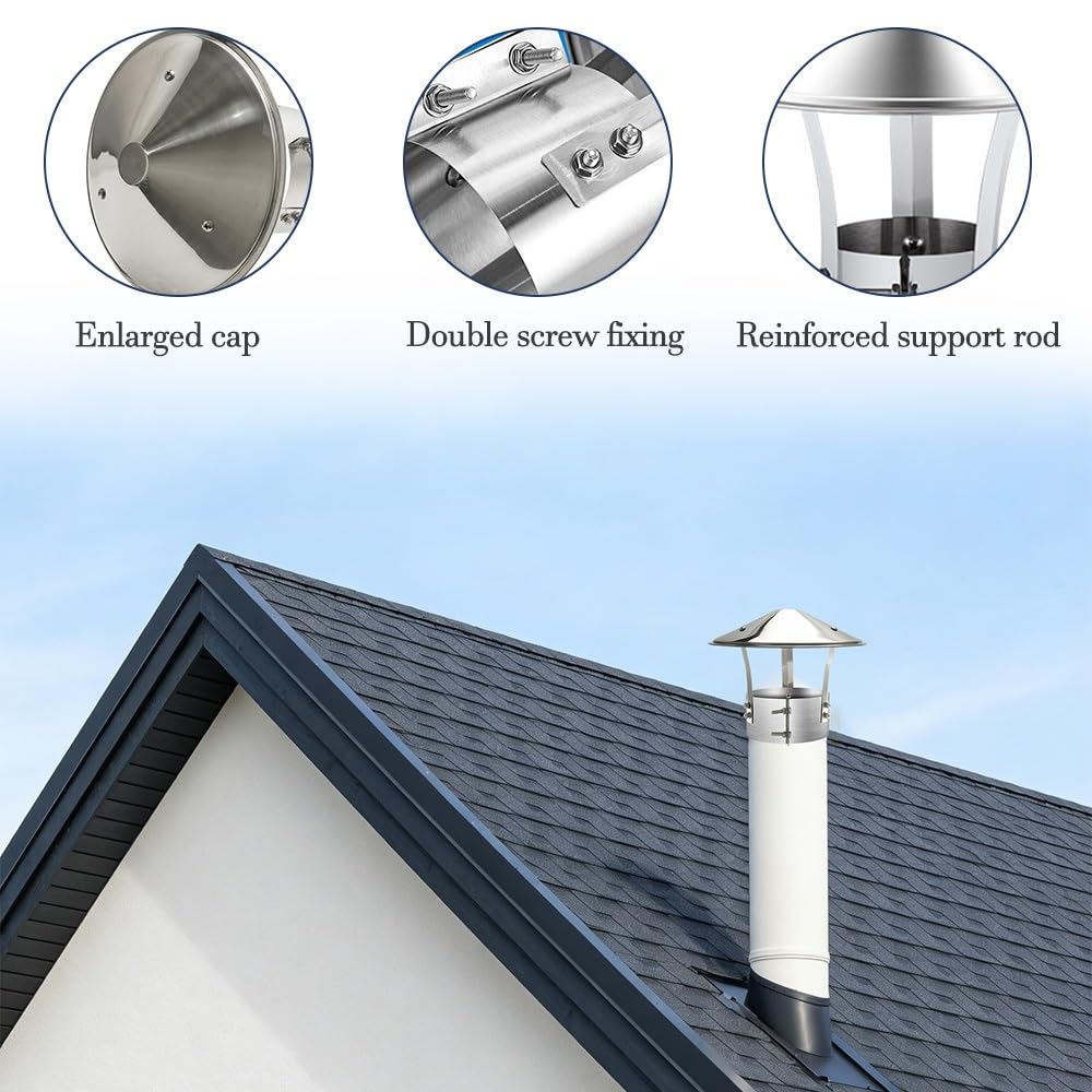 Schornsteinabdeckung Rund Verstellbar Abgasrohr Kaminhaube Edelstahl 304 Ø75mm 180mm 220mm Kaminabdeckung Silber Wetterfester Kaminaufsatz für Kaminofen Dachlüftung(180mm)