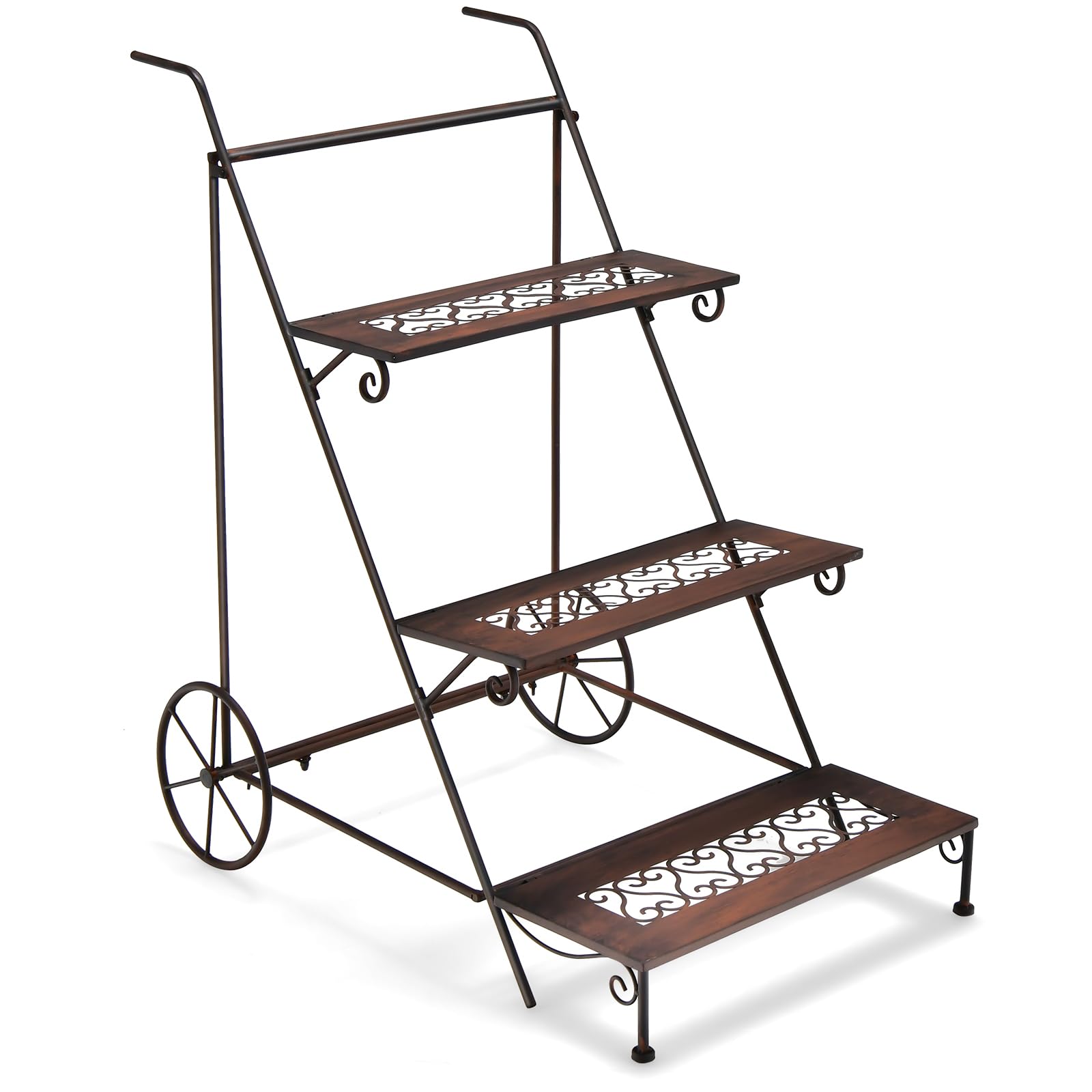 SPOTRAVEL Metal Plant Stand, 3-Tier Ladder Flower Pot Holder with 2 Wheels & Convenient Handles, Indoor Outdoor Rolling Plant Display Shelving Unit for Home Living Room Garden Balcony