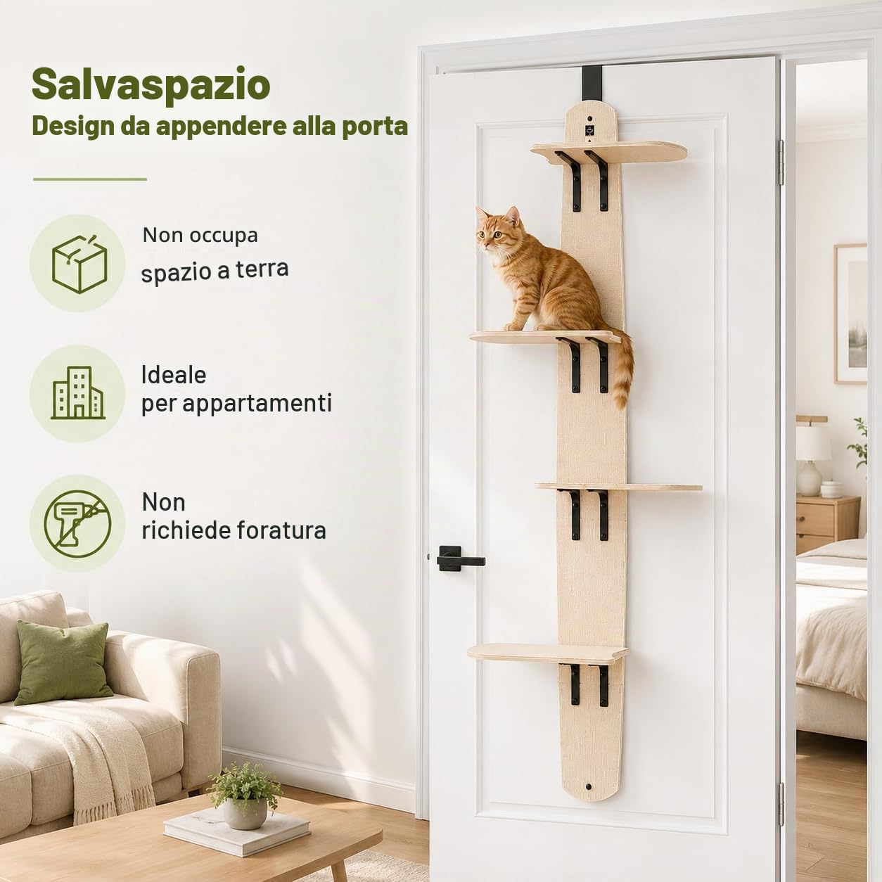 Tiragraffi da porta a 4 livelli, per gatti, salvaspazio, per porte di spessore 40/45 mm e spazio per porte > 3 mm, per famiglie, negozi di animali e gatti