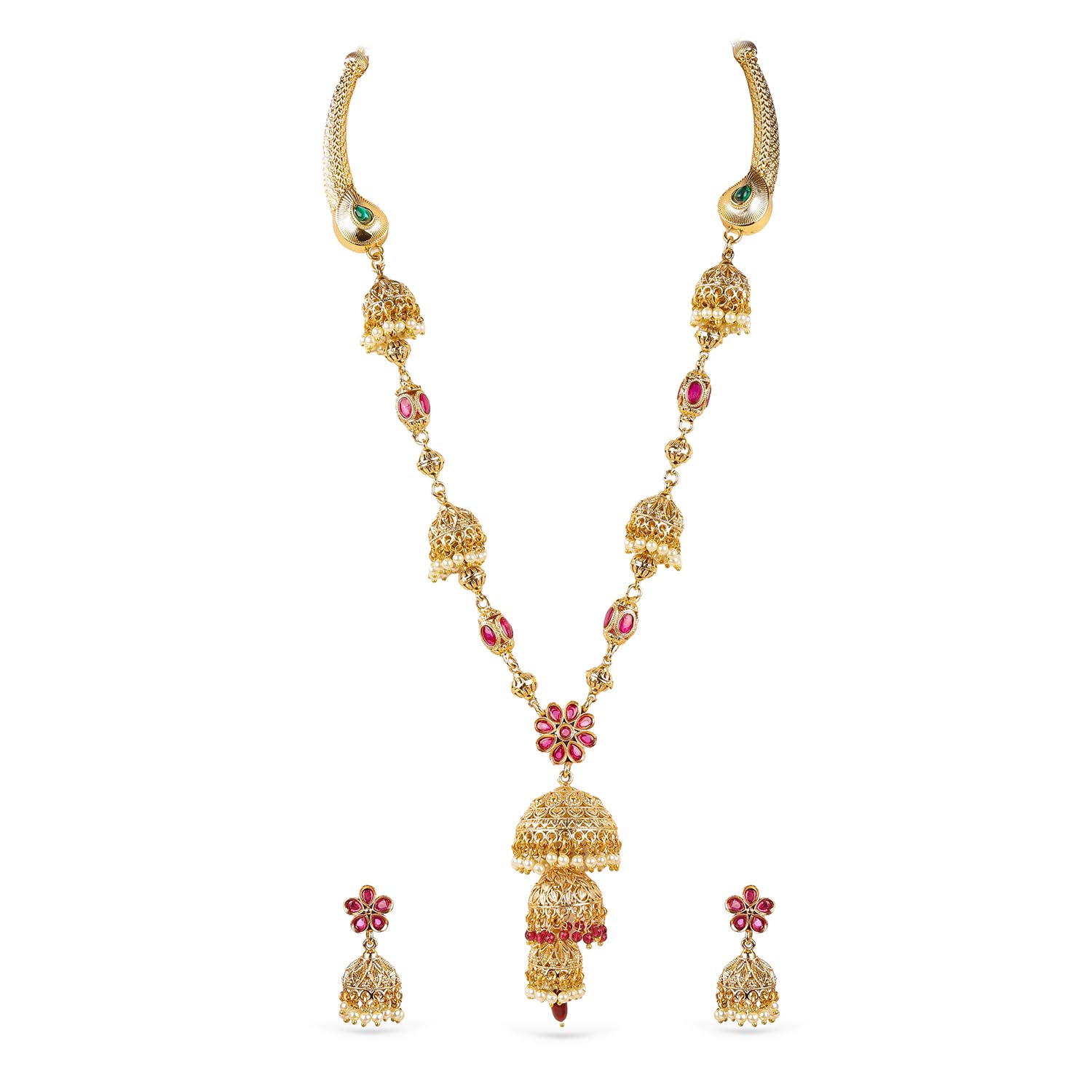 Necklace Set with Jhumka Earrings Ruby Red Stone & Pearl Beaded Jewellery Gift for Women & Girls-image-34