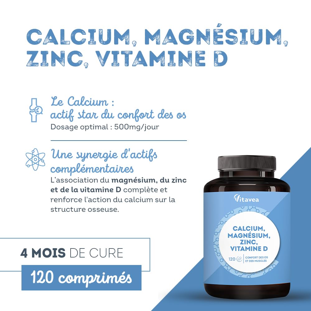 Calcium, Magnésium, Zinc, Vitamine D3 - Confort Os et Muscles - Complexe santé osseuse, énergie et immunité - 120 Comprimés - Avec Cuivre, Manganèse, Sélénium - Fabriqué en France - Vitavea