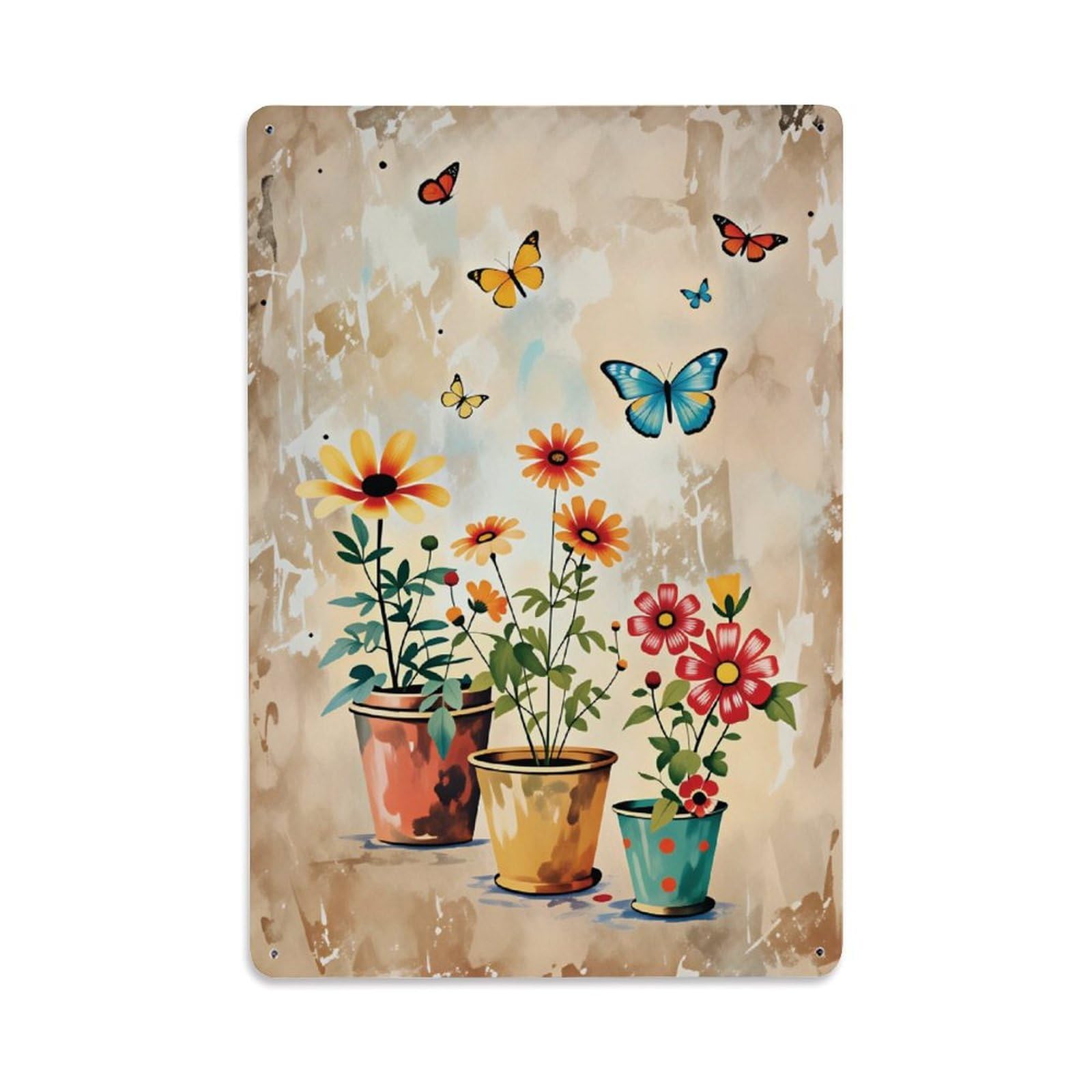 Ldfuieksufg Style Rustic Potted Daisy & Butterfly Art Wall Decor Vintage Aluminium Metal Sign, Retro Wall Decor For Home, Bar, Garage & Farmhouse 30X20cm