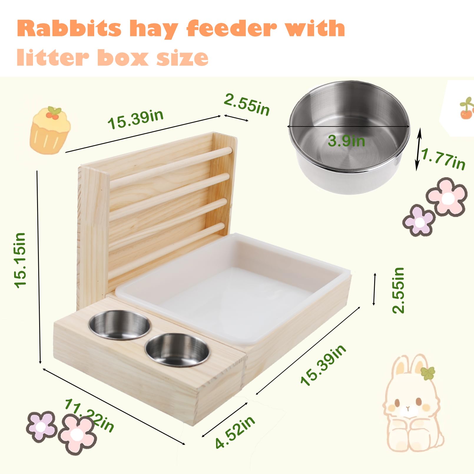 PINVNBY Rabbit Hay Feeder with Litter Box,3 in 1 Wooden Bunny Feeder Guinea Pig Litter Box Small Animal Hay Holder Rack with Toilet and 2 Bowls Combo for Rabbits Chinchillas Hamsters - image 3