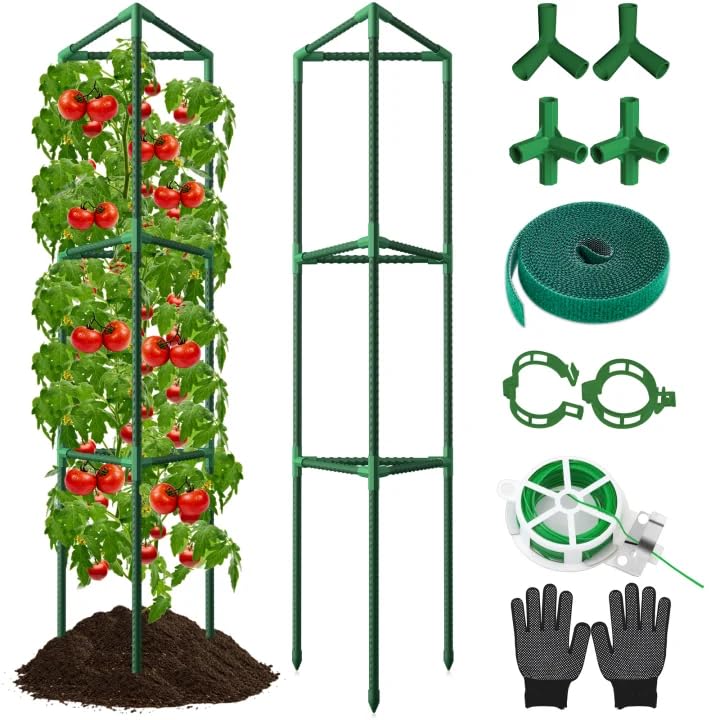 2 Pack Tomato Cages for Garden, 47 Inch Heavy-Duty Steel Tomato Plant Support Frame, Adjustable Vertical Garden Cucumber trellis with Clips Twist Ties Velcro for Climbing Vegetables Flowers Fruits