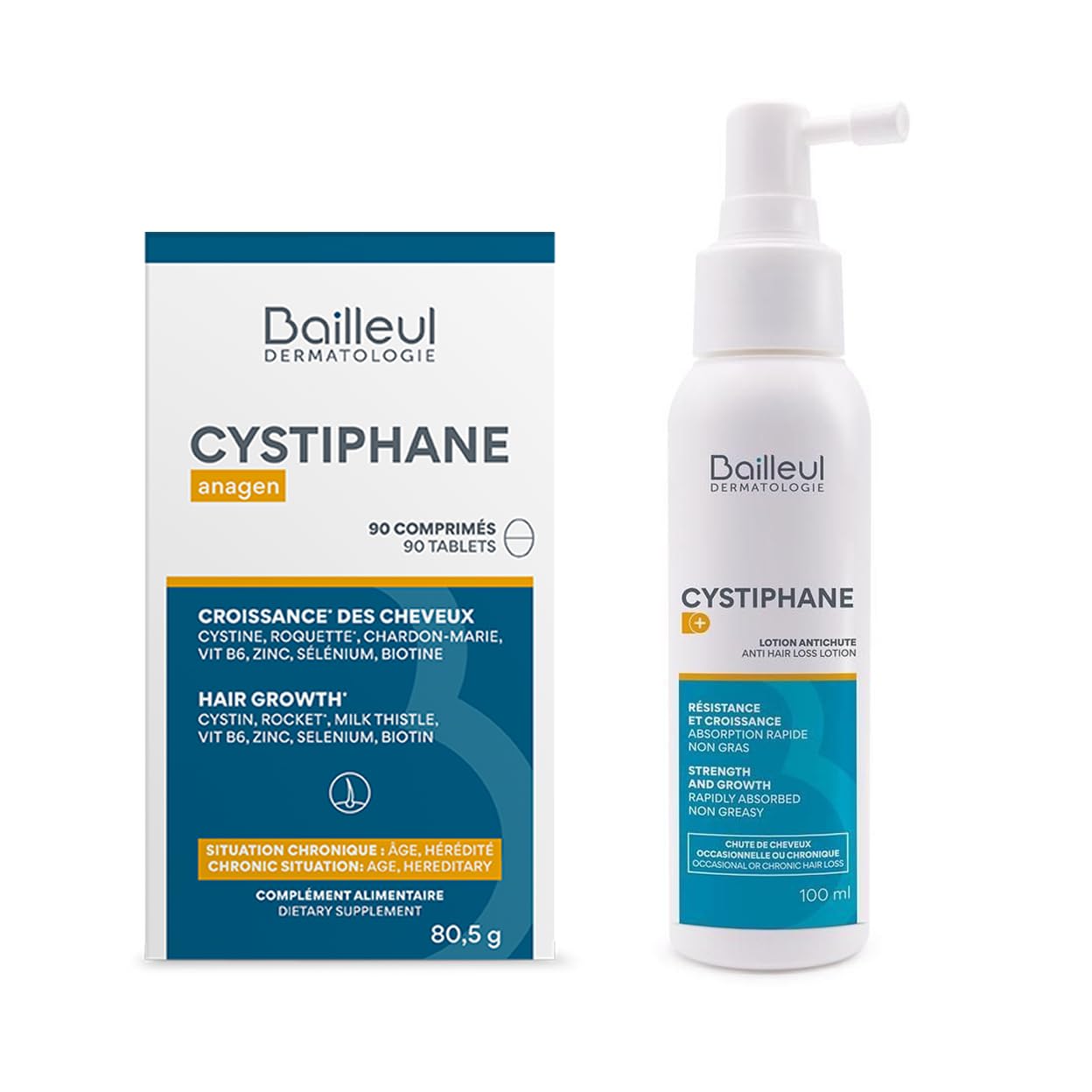 Bailleul | Pakiet zapobiegający wypadaniu włosów | Cystiphane Anagen Suplement diety pudełko 90 tabletek + Cystiphane+ Balsam zapobiegający upadkowi w sprayu 100 ml