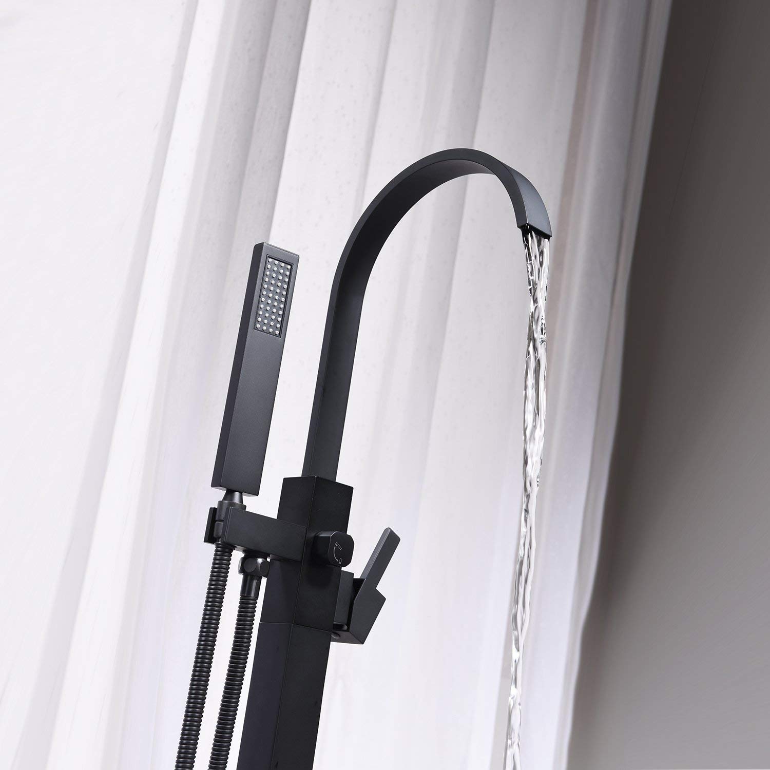 Set Doccia, Miscelatore Doccia a Pavimento Contemporaneo con valvola in Ceramica, Maniglia Singola, Foro Singolo, Nero Opaco, Miscelatore per Vasca da Bagno a Pavimento