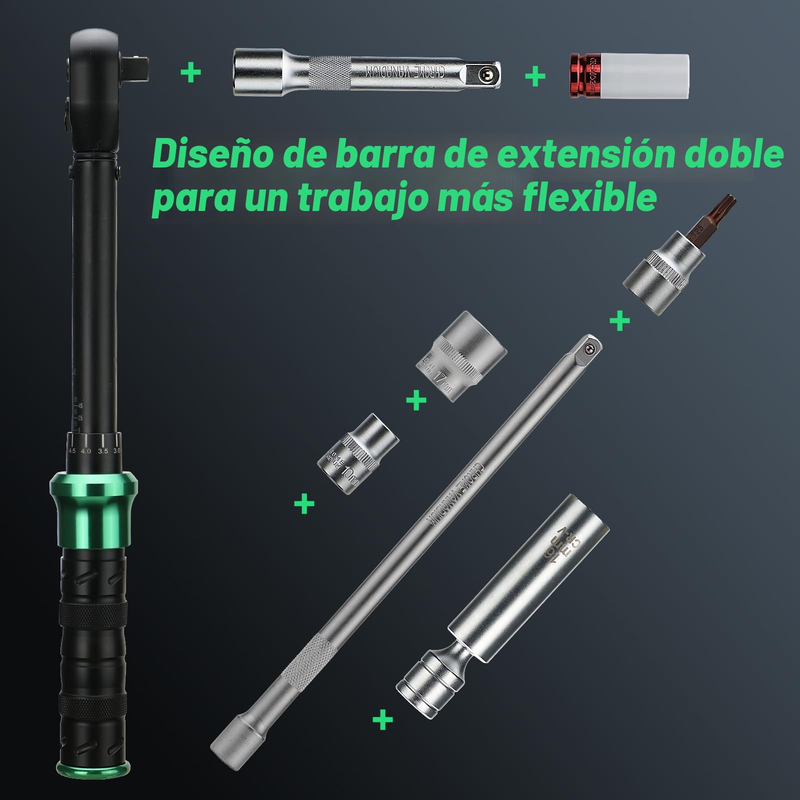 Juego de llaves dinamométricas 60 Nm y 220 Nm, accionamiento 3/8 y 1/2 con 15 vasos hexagonales, bujía de encendido, extensiones para coche, moto, mantenimiento industrial