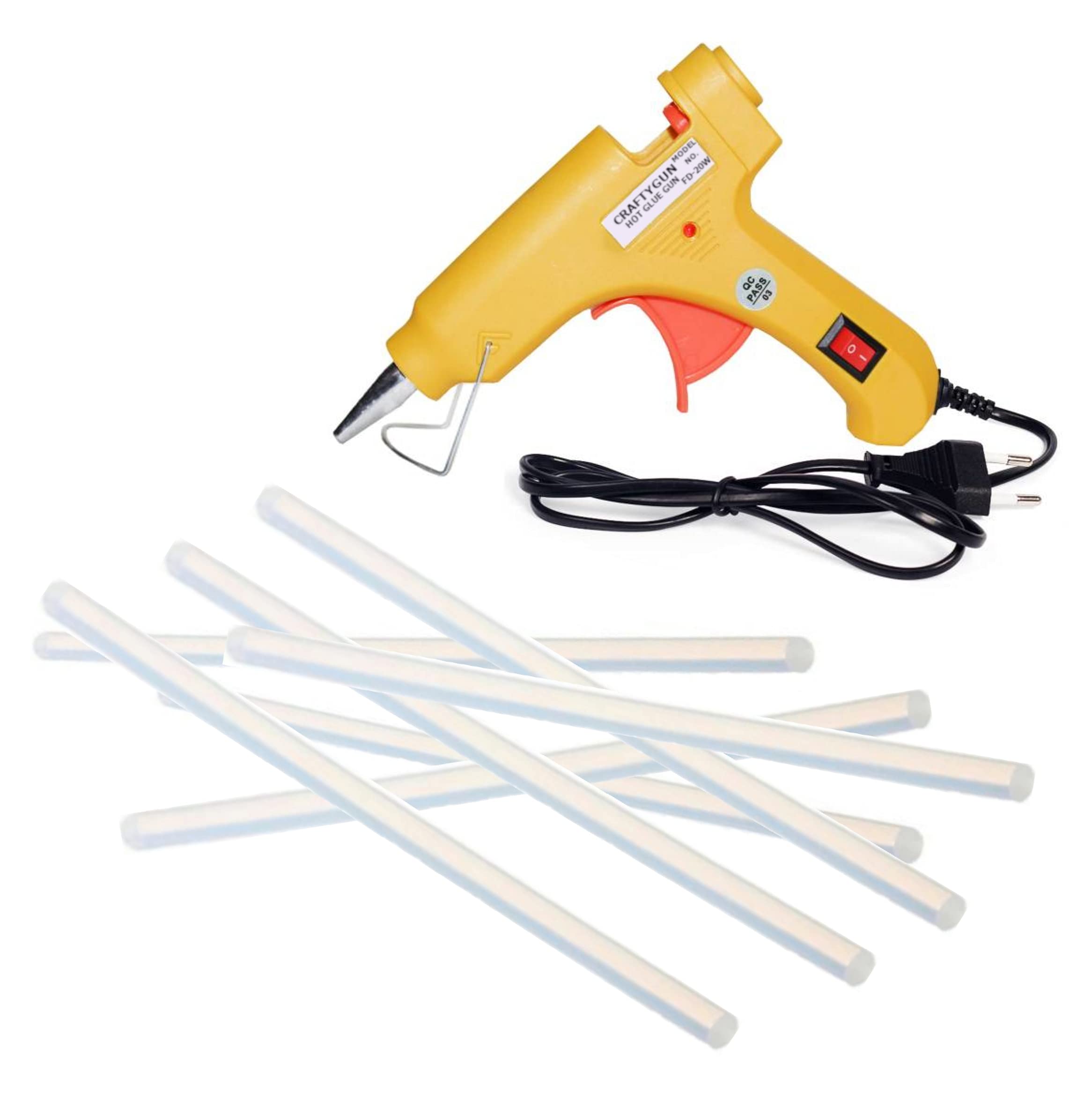 YELLOW MINI 20 WATT HOT MELT GLUE GUN WITH 7 GLUE STICKS
