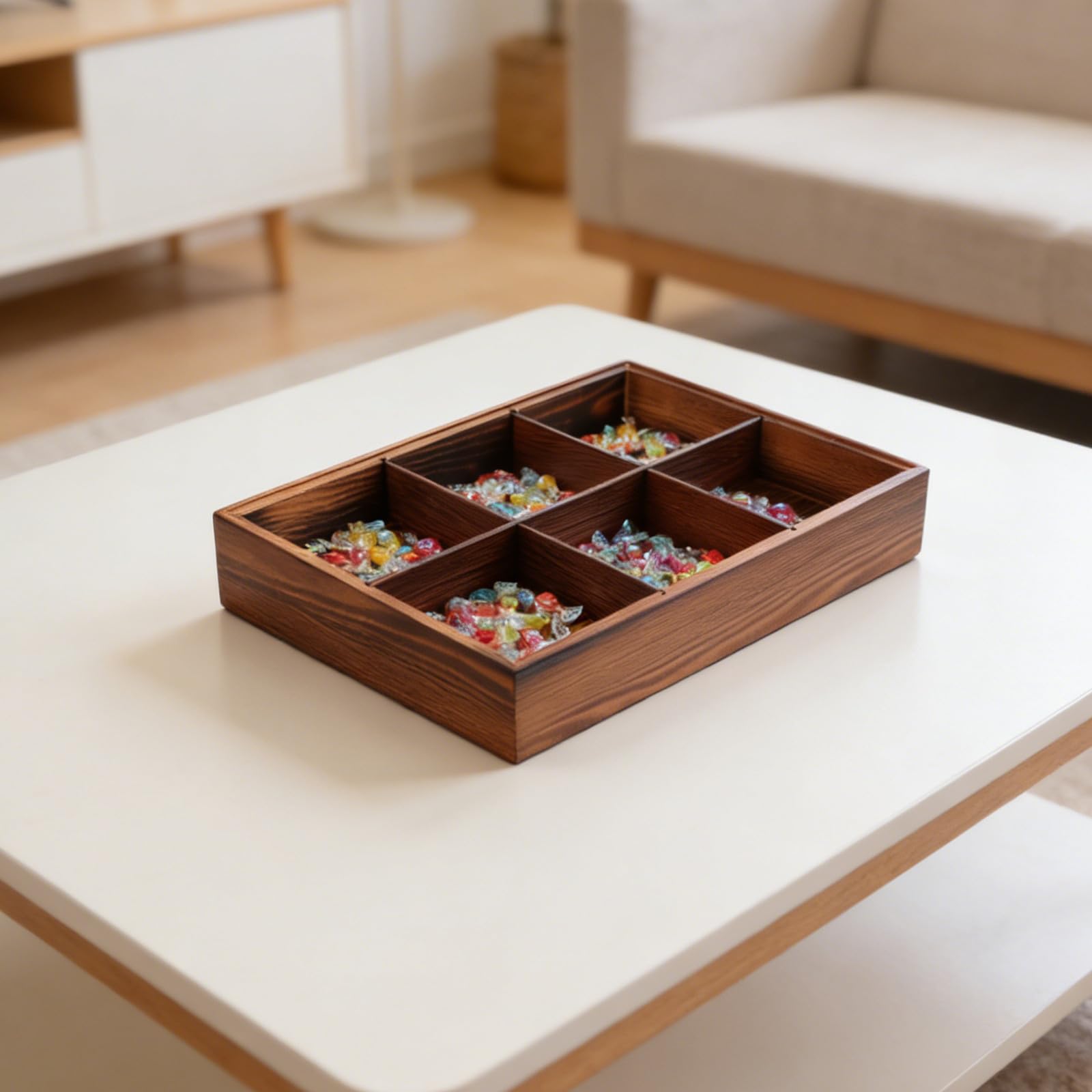 Plateau Compartimenté en Bois avec Couvercle, 6 Sections Marron | Acrylique Transparent, Service Polyvalent pour Restaurants et Événements Extérieurs, Rangement Snacks et Bonbons