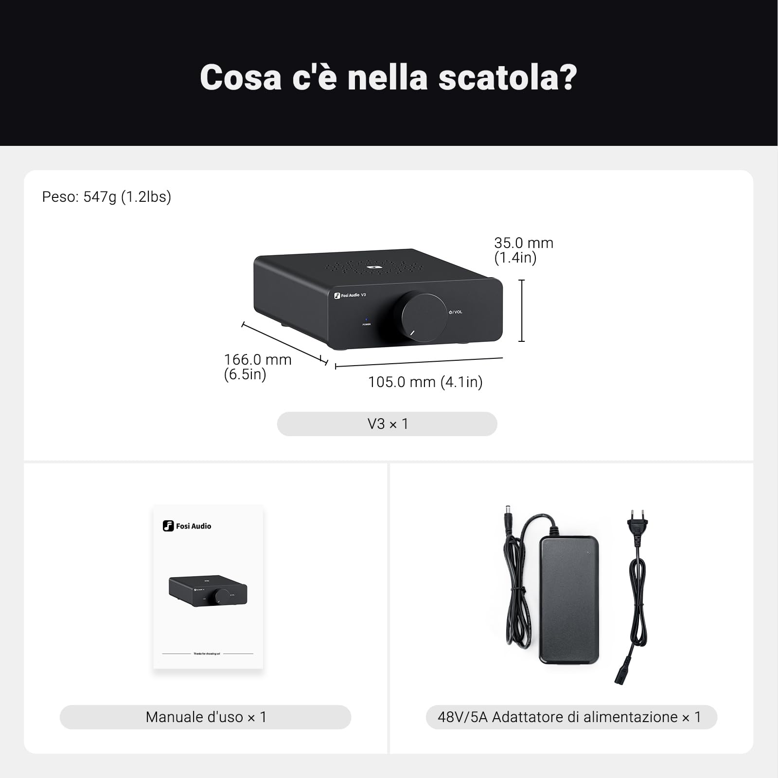 Fosi Audio V3 Amplificatore stereo Home Audio 300 Watt x2 Potenza TPA3255 Classe D Mini 2 canali per altoparlanti passivi da scaffale a torre Desktop Home Theater con alimentazione 48V