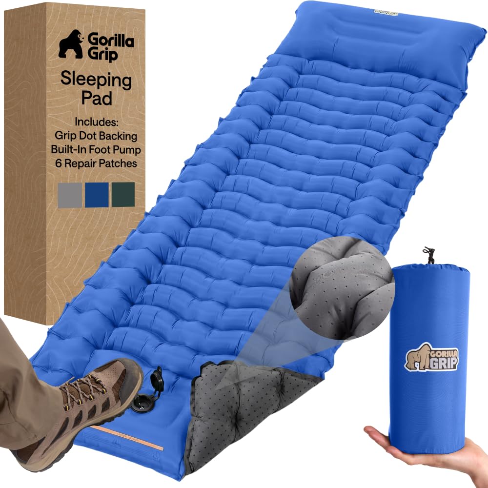 Slip-Resistant Inflatable Sleeping Pad with Grip Dots, Foot Pump, Puncture Resistant Lightweight Camping Mattress, Air Mats Travel Backpacking, Inflating Bed Camp Sleep Pads Tent, Blue