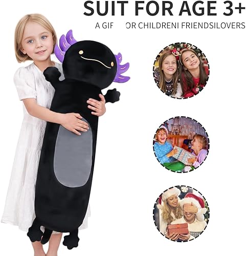 Miniatura 6 de Peluche de ajolote negro de 36 pulgadas, suave y larga, almohada de peluche para abrazar, regalo para niños, cumpleaños, San Valentín, Pascua