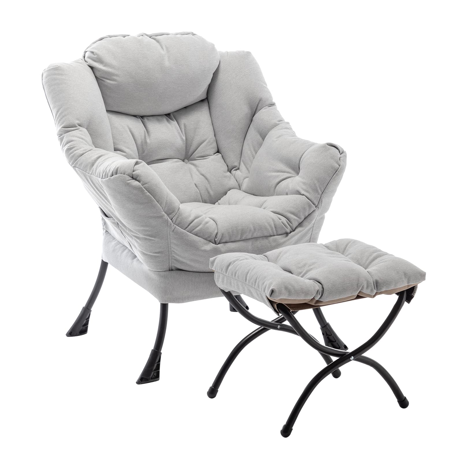 SESHINELL Lazy Chair with Ottoman, Modern Accent Chair Lounge Leisure Sofa Chair with Armrests, Reading Chair and Folding Footstool for Living Room, Bedroom, Office, Light Grey