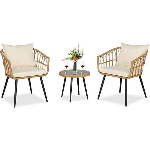 BPTD 3 Piece Outdoor Bistro Set Patio Set Balcony Furniture Outdoor Furniture Rattan Chair Conversation Sets with Side Table for Porch, Backyard, Balcony (Brown/Ecru White)