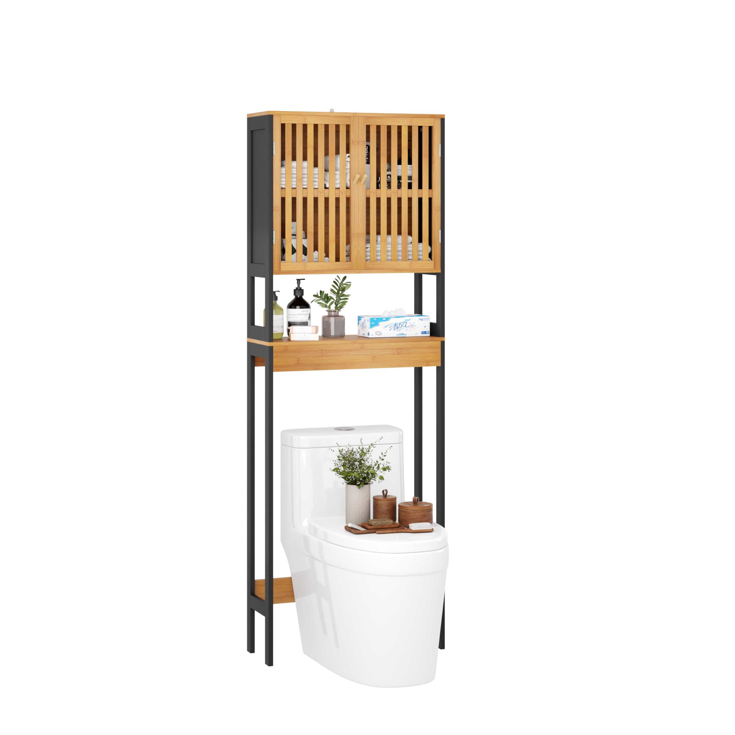 Meuble de WC/Étagère de Toilettes Salle de Bain Noir et Bois Naturel – Structure MDF + Bambou Véritable – Finition Bois Naturel – Idéal pour Toilettes, Gain de Place & Déco Zen