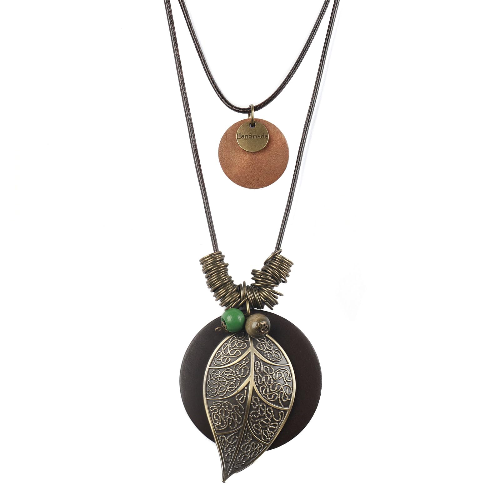 color cosplayer Leather Cord Necklace Vintage Style Wooden Leaf Boho Statement Long Necklace for Women Handmade Jewelry