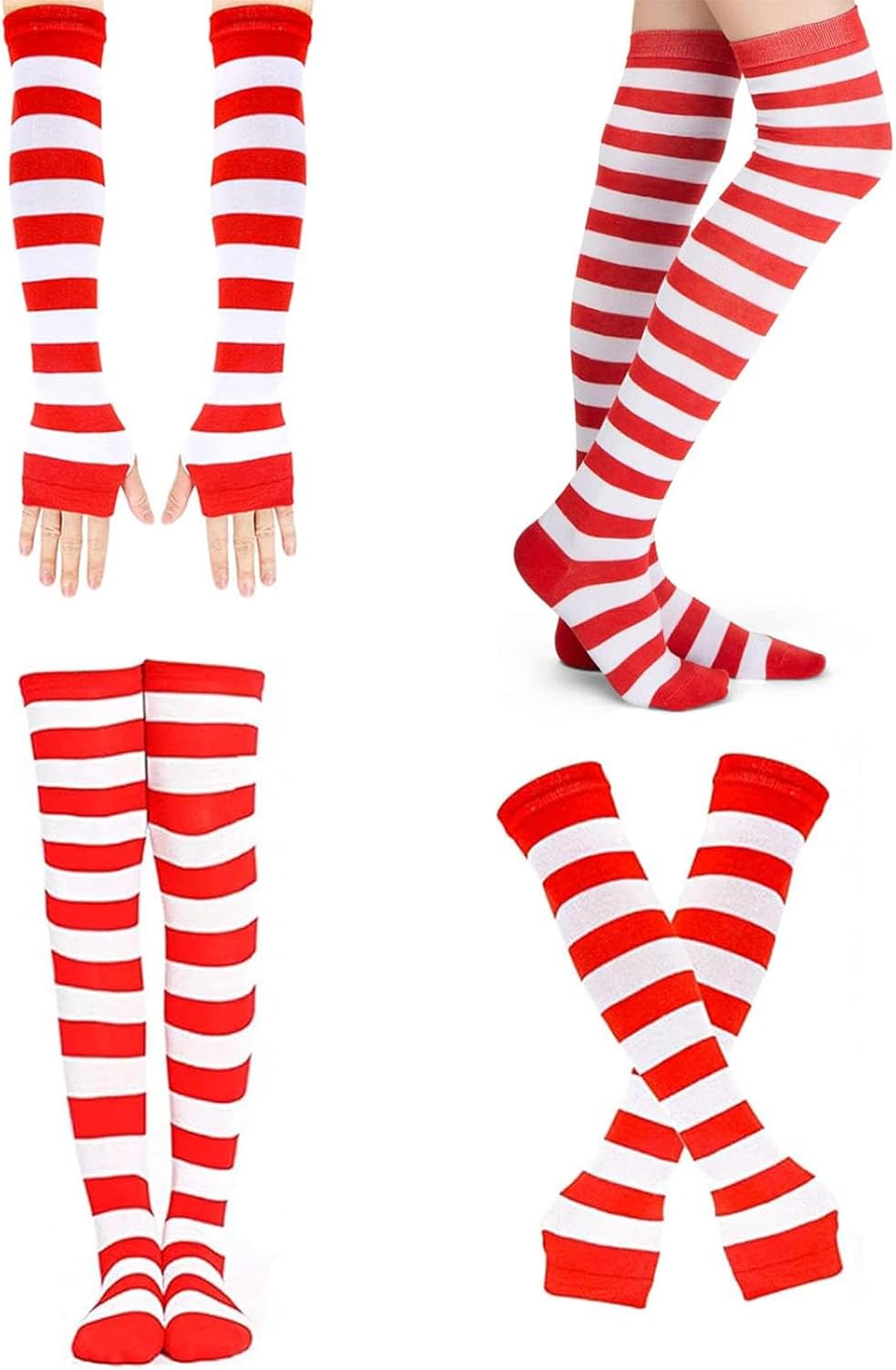 MCPINKY Red and White Striped Socks, Including Candy Cane High Knee Socks Long Arm Warmer Gloves, 2 Pair Crazy Outfits for Girls Women Holiday Themed Party Cheerleading Sports Costume