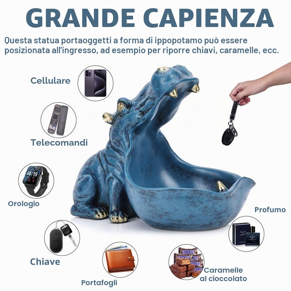 Statua di ippopotamo in resina per ingresso, supporto multiuso per chiavi, caramelle, gioielli e orecchini - Ottimo per l'arredamento della casa, arte moderna, ingresso, decorazione di scaffali