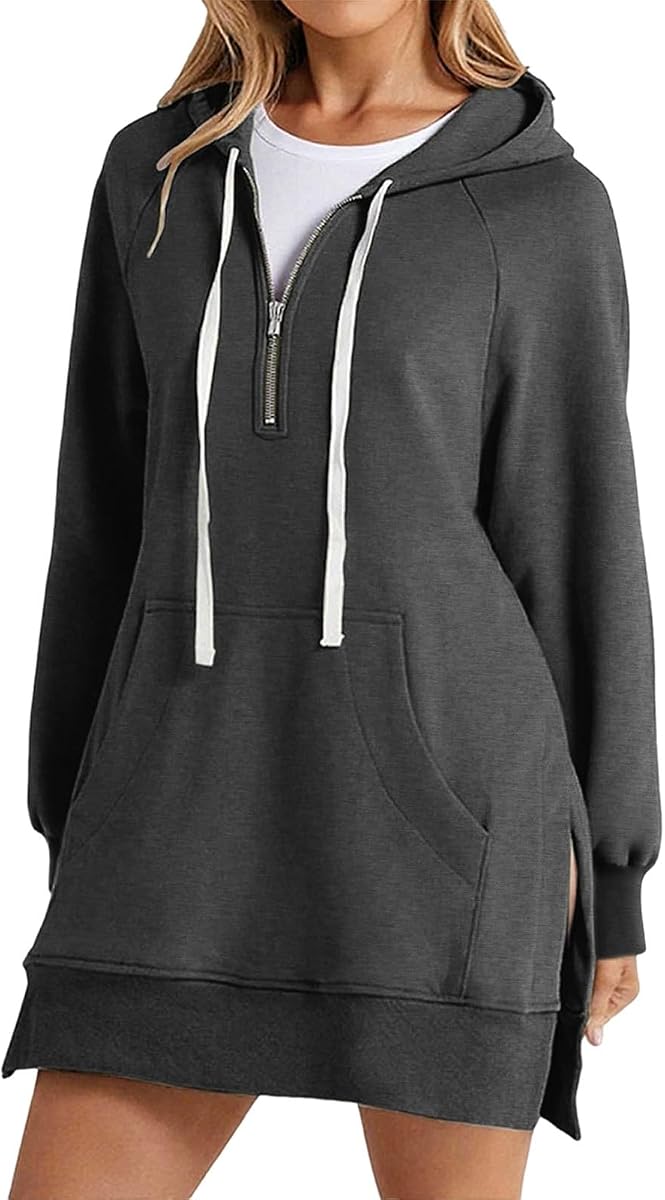 Oversized Sweatshirt for Women 2025 Fall Pullover Casual Long Sleeve Split Hem Hoodie Dress with Kangaroo Pocket