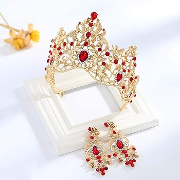 Yalice Baroque Style Bride Rhinestone Wedding Crown Tiara Crystal Bridal Headband Hair Accessories Jewelry Sets for Women and Girls (Red)
