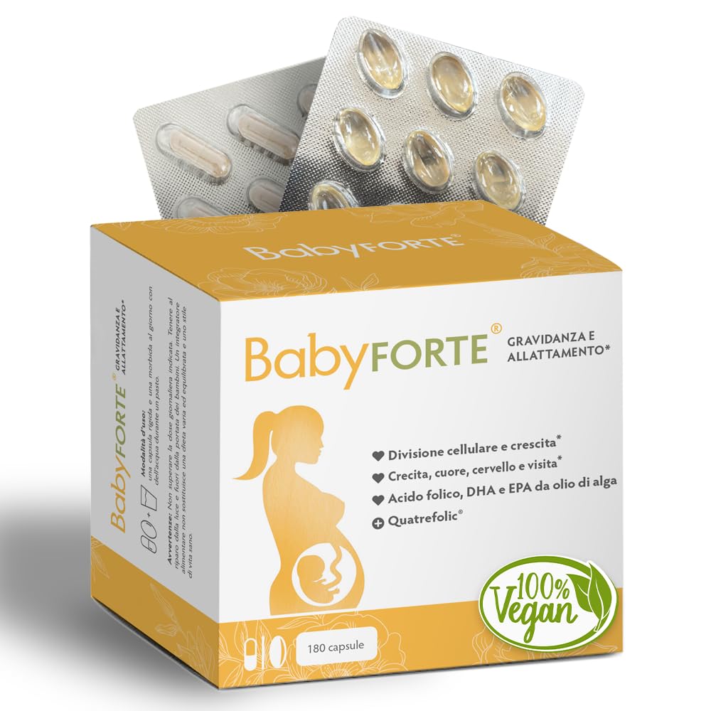 BabyFORTE® Gravidanza Multivitaminico | acido folico, Quatrefolic® + Omega 3 DHA EPA | Vegano | 180 Capsule | Allattamento Integratore