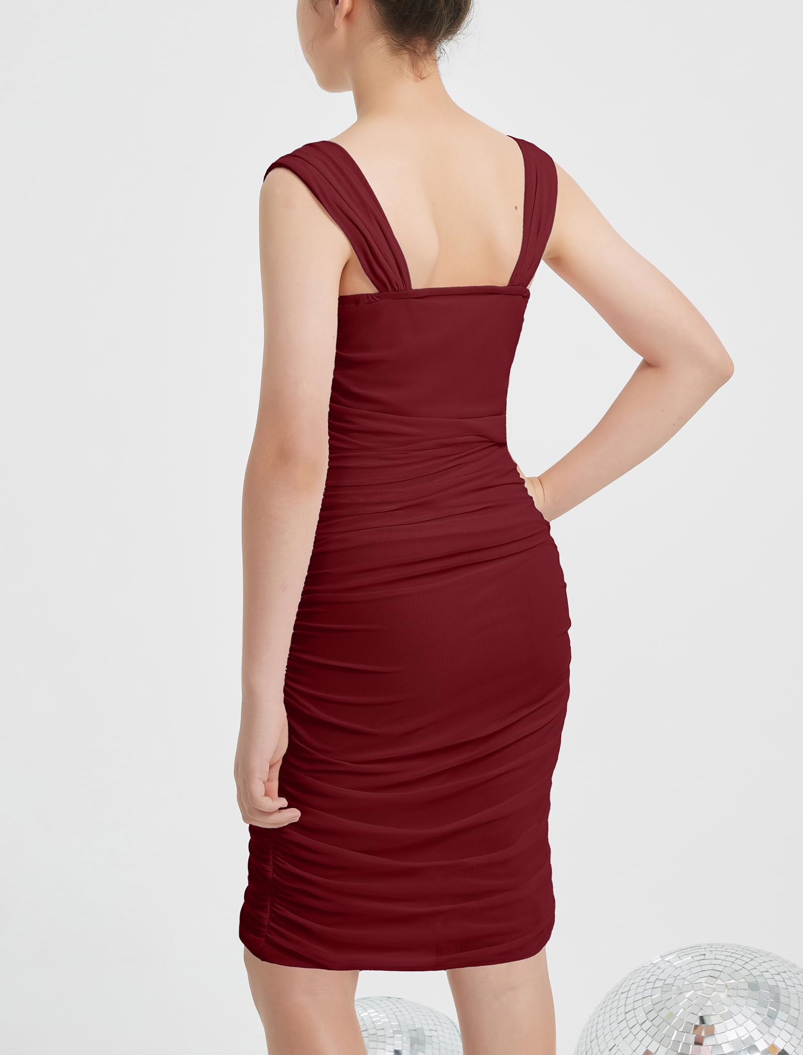 EXARUS Vestito aderente increspato per ragazze con reggiseno incorporato Teen Mesh Front Wrap Hem Tween Party Dance Mini abiti a matita stretti