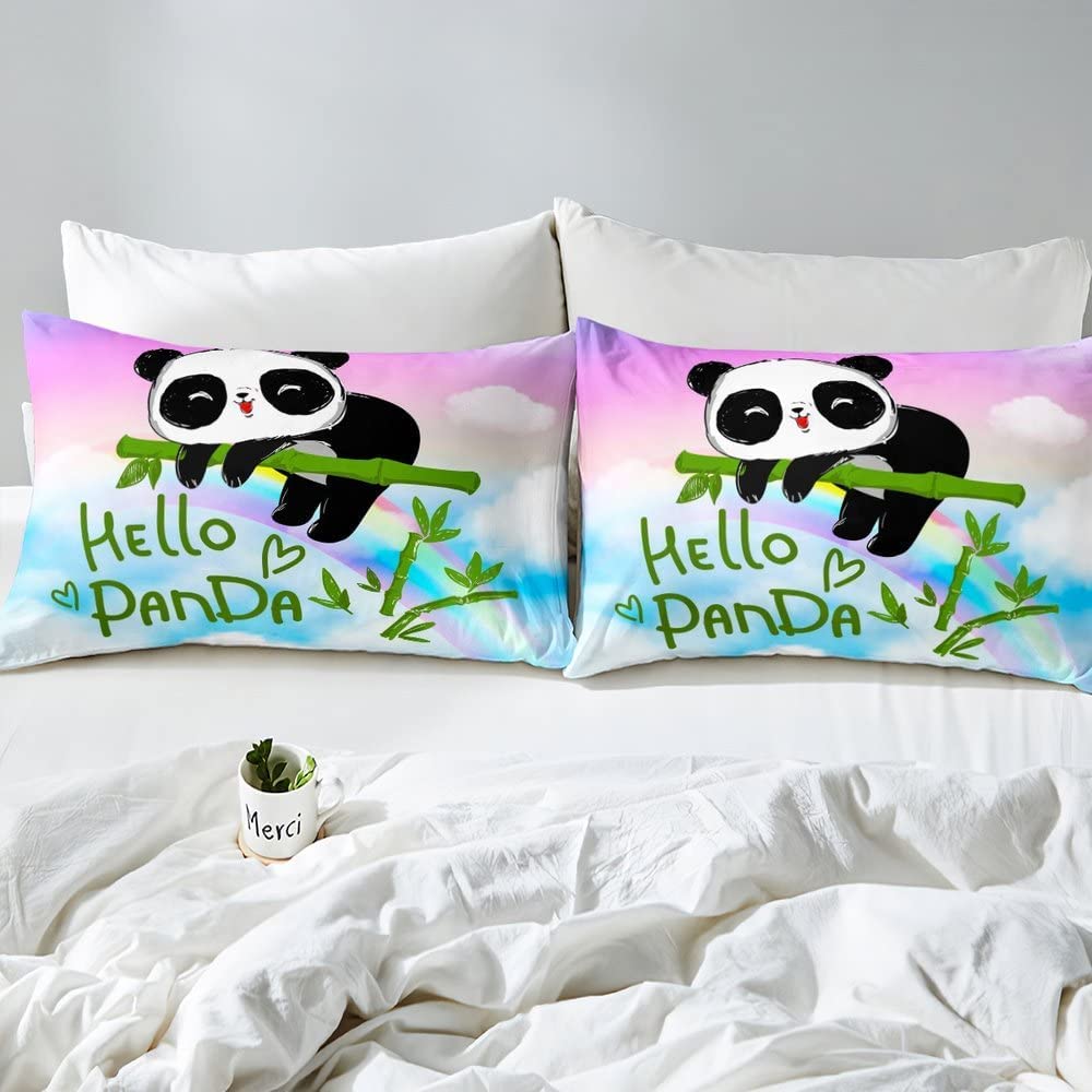 Kawaii Panda zestaw pościeli tęczowa pościel podwójna kolorowa galaktyka poszewka na kołdrę zielona bambusowa poszewka na kołdrę różowa chmura pościel urocze zwierzę poszewka na kołdrę 3 szt., 1