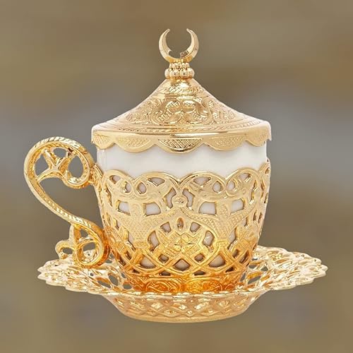 Miniatura 7 de Alisveristime Taza de café turco, diseño tradicional con motivo de media luna, taza de porcelana y platillo para café turco, griego, árabe y expreso