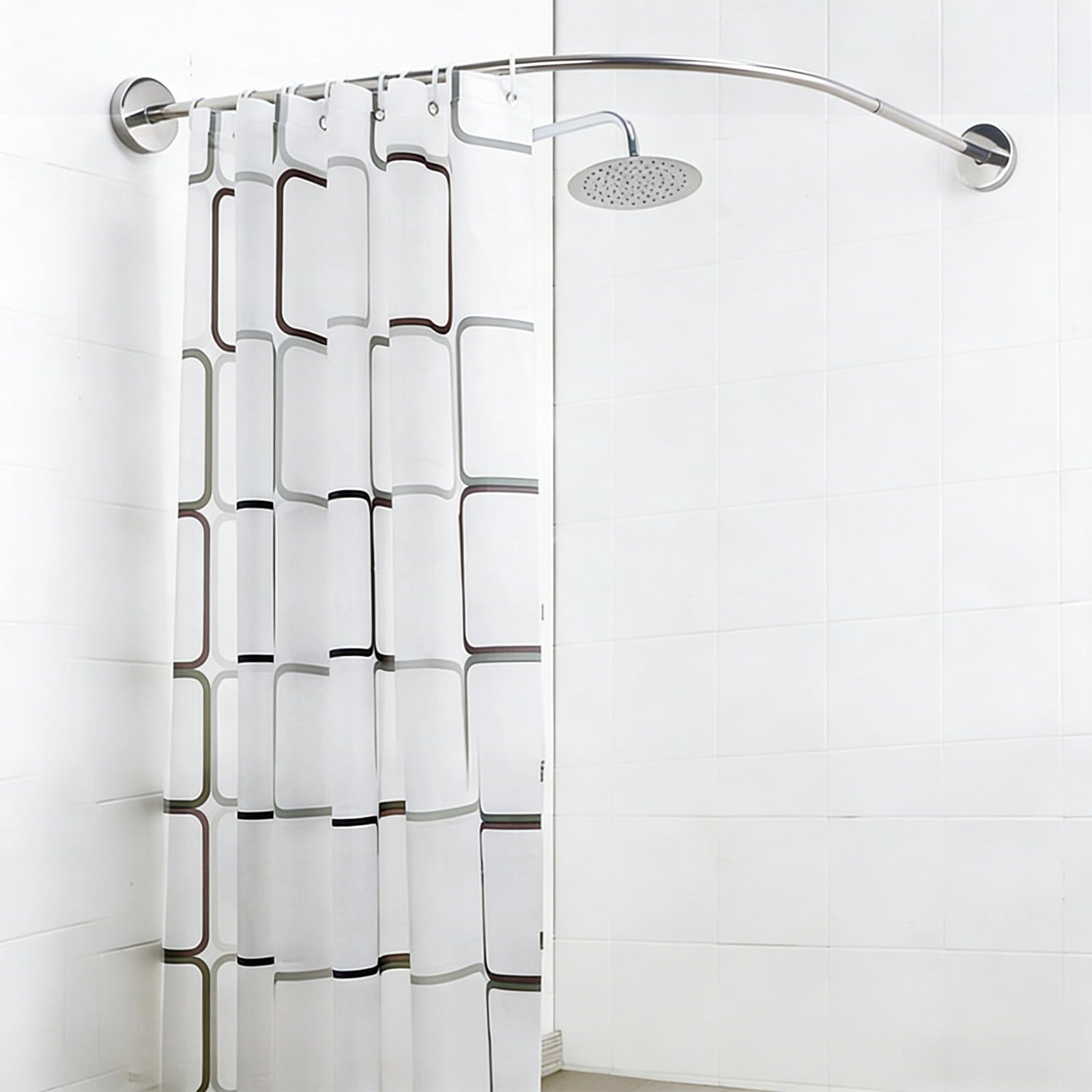 Fesatccoz Shower Curtain Rail, L Shape, 70-95 cm, Adjustable Shower Rail, No Drilling, Stainless Steel Shower Curtain Holder, Maximum Stability Shower Curtain Corner