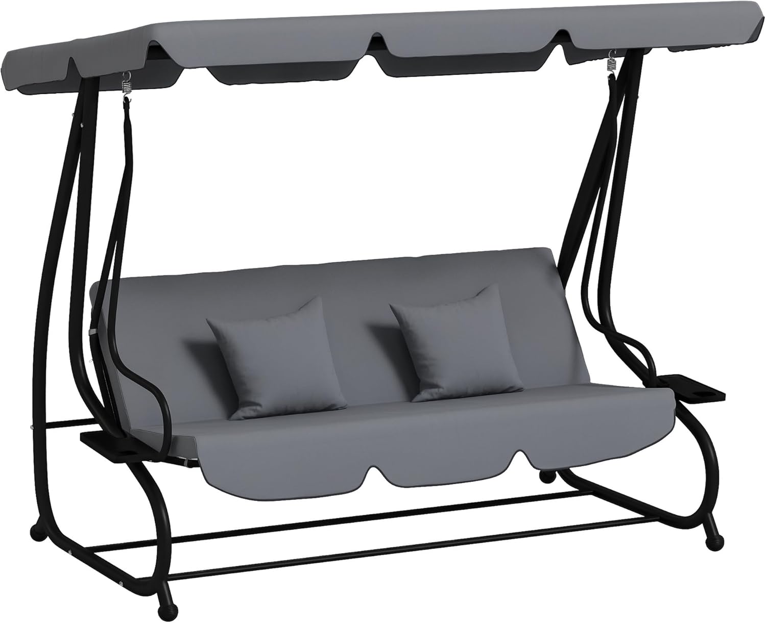 Outsunny 3-Seat Outdoor Patio Swing Chair, Converting Flatbed, Outdoor Swing Glider with Adjustable Canopy, Removable Cushion and Pillows, for Porch, Garden, Poolside, Backyard, Dark Gray