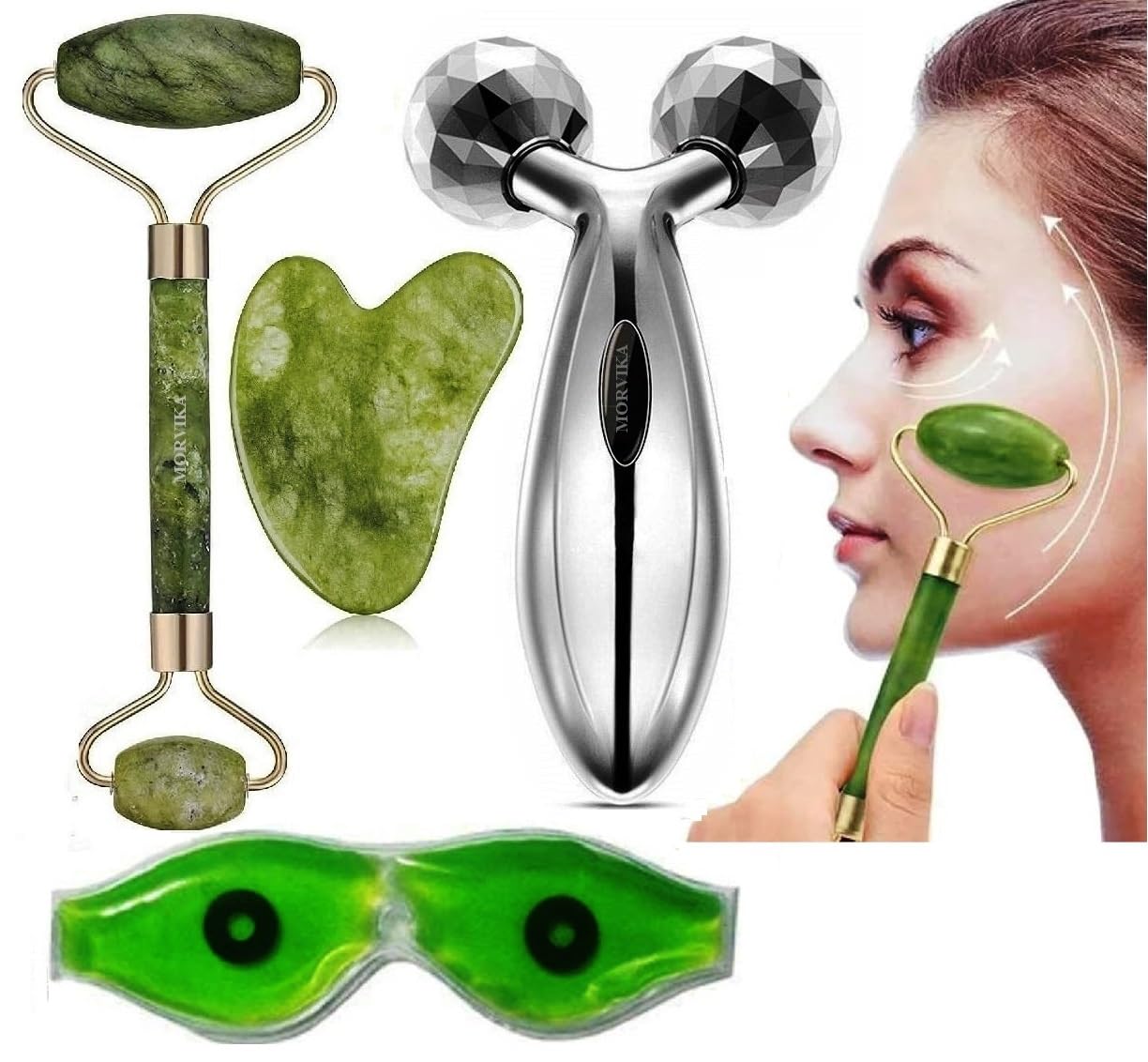 MORVIKA Jade Roller & Gua Sha Tool 100% Natural Stone, 3D Manual Body Massager, Aloe Vera Cool Gel Eye Mask Summer Ice Cooling Sleeping Mask for Eye (B0D2B95L87) Amazon Price History, Amazon Price Tracker