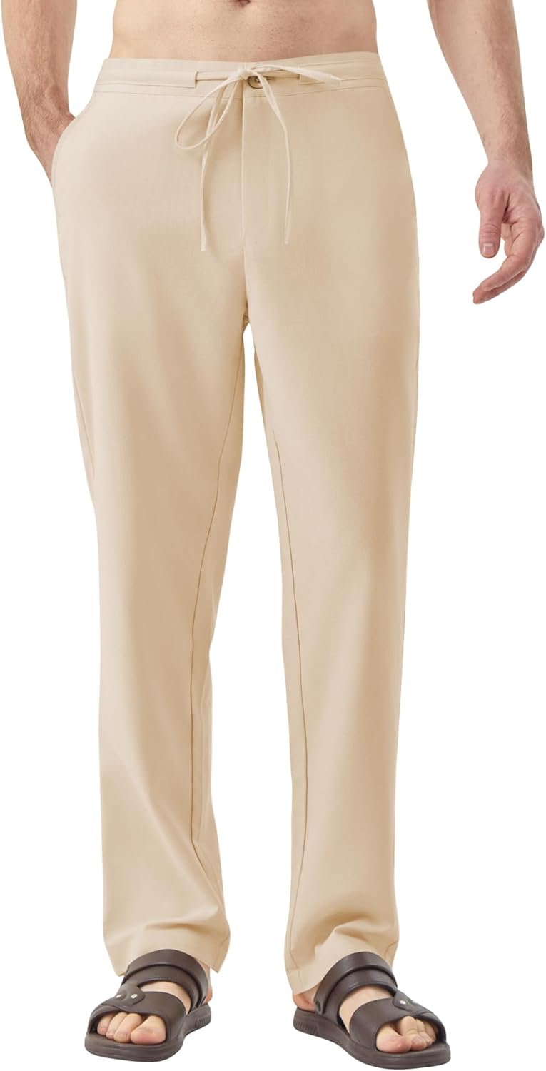 Idtswch 32/34/36/38 Inseam Men's Tall Casual Linen Pants Elastic Waist Drawstring Lightweight Summer Trousers