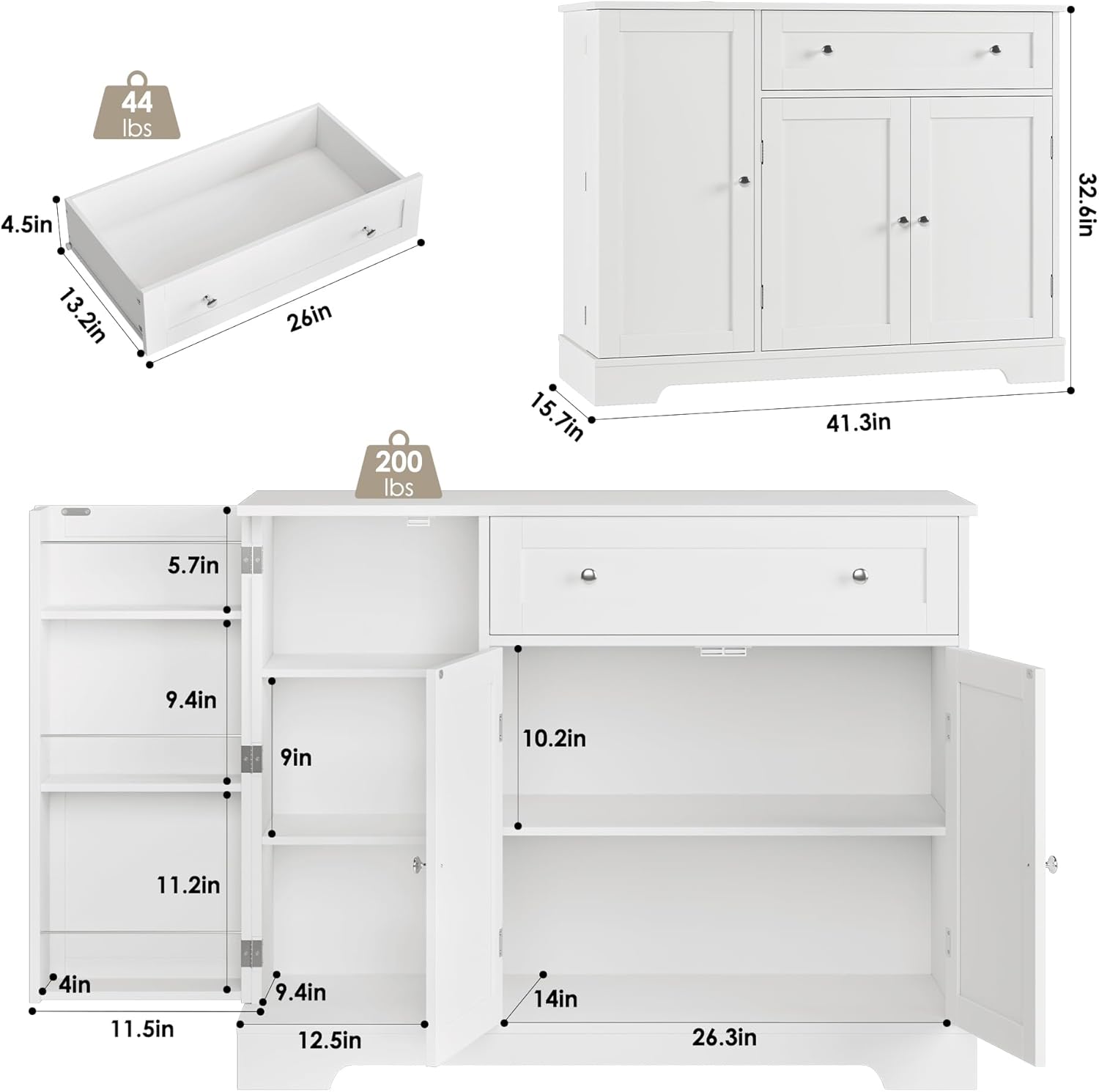 HOSTACK Buffet Cabinet with Storage, Modern Sideboard Buffet with Doors, Wood Coffee Bar Kitchen Storage Cabinet with Drawer and Adjustable Shelf for Kitchen, Dining Room, Living Room, White