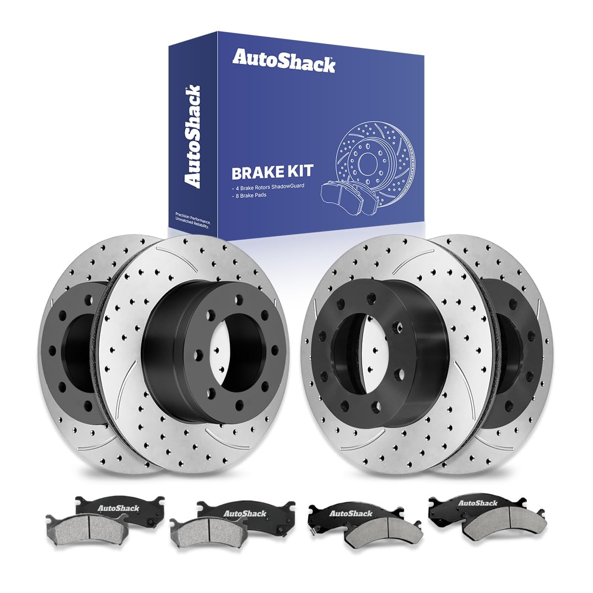 AutoShack Front & Rear Drilled & Slotted Brake Rotors Ceramic Brake Pads Replacement for Hummer H2 Chevrolet Suburban 2500 Silverado 1500 HD Classic E-Coated 12-PC Brake Kit ShadowGuard