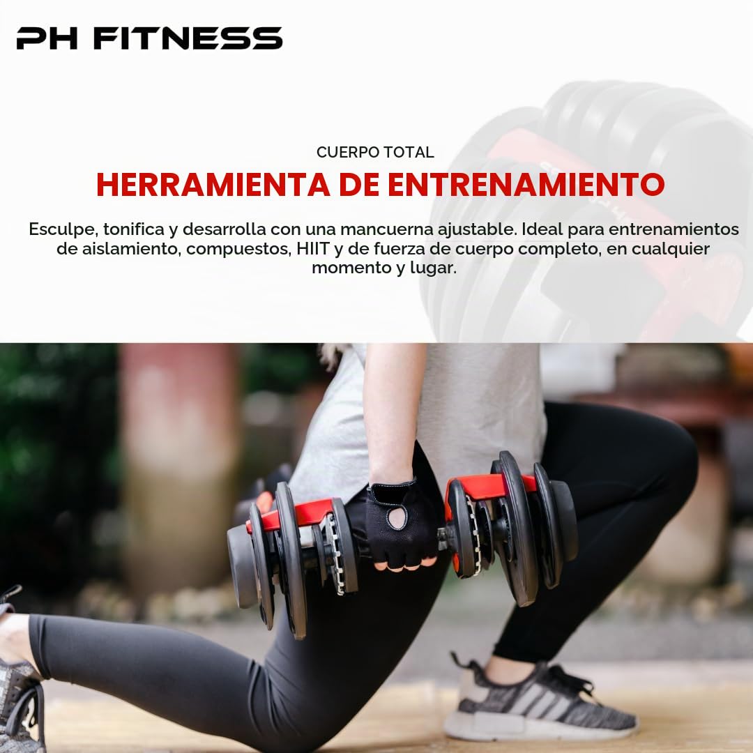 PH Fitness Mancuernas Ajustables Premium 24kg – 15 en 1 con Ajuste Rápido con Una Mano – Juego Compacto para Gimnasio en Casa – 2.5 a 24 kg – Equipo de Fitness Ahorra Espacio
