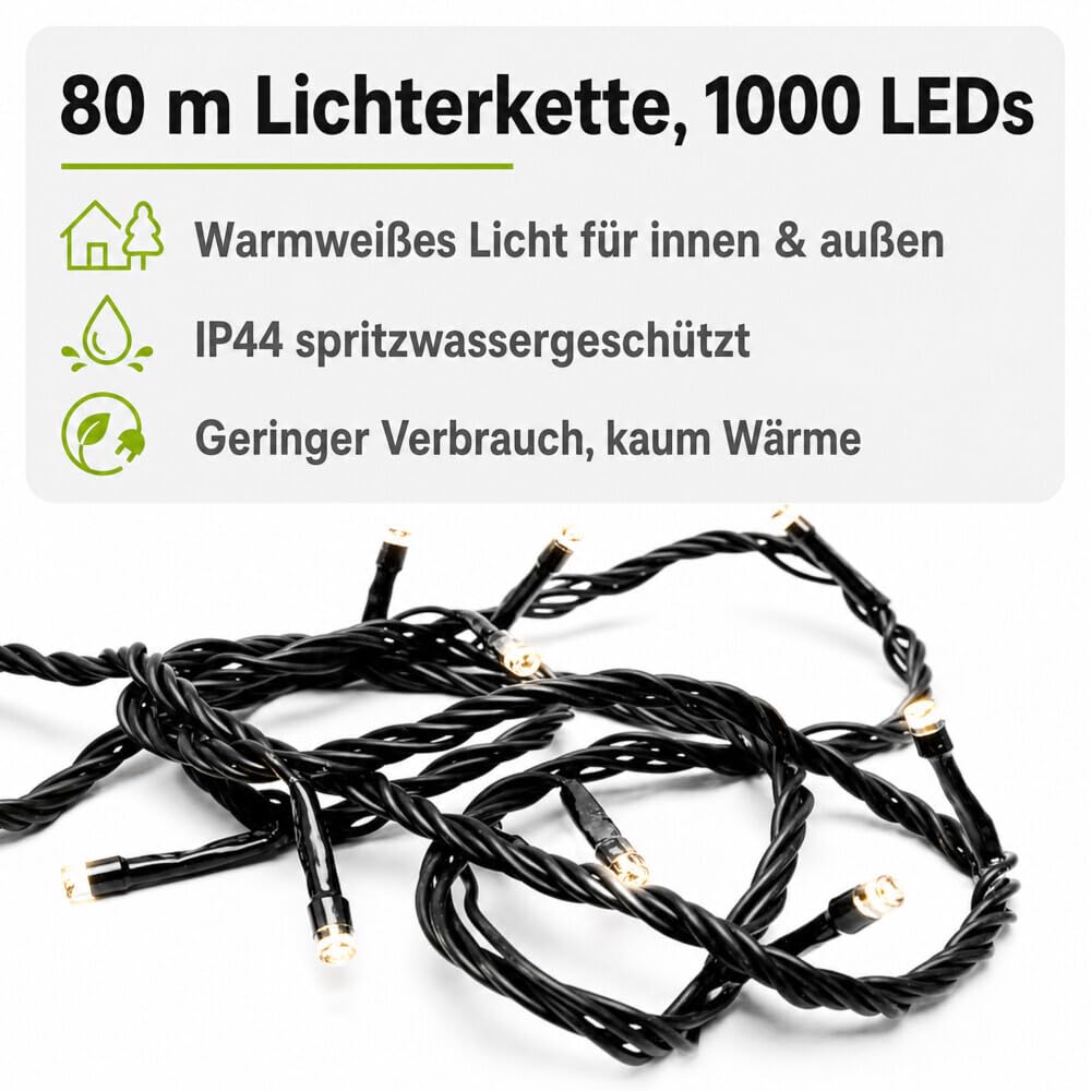 LED Universum Lichterkette Außen 80 m, 1000 LEDs warmweiß 2800 K, IP44 spritzwassergeschützt, mit Stecker 230 V, 3 m Zuleitung, für Garten, Balkon & innen