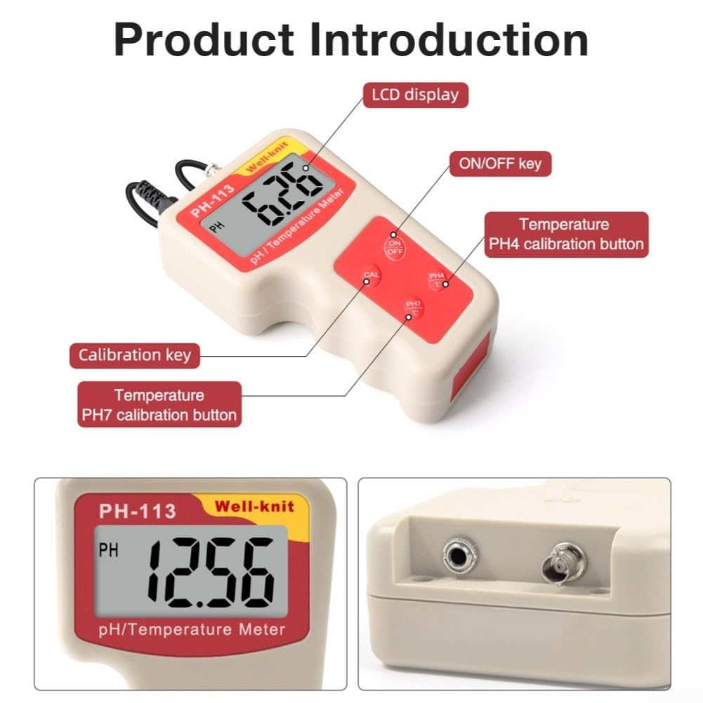 Alto medidor de pH digital y probador de temperatura 0 a 14 Ph Pantalla LCD grande Compensación automática para acuario pecera estanque rojo