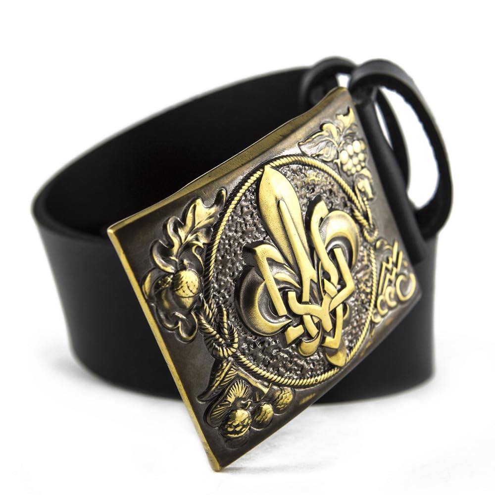 Leather belt with scout belt buckle, Handmade Ukrainian scout Plast solid brass belt buckle on leather belt