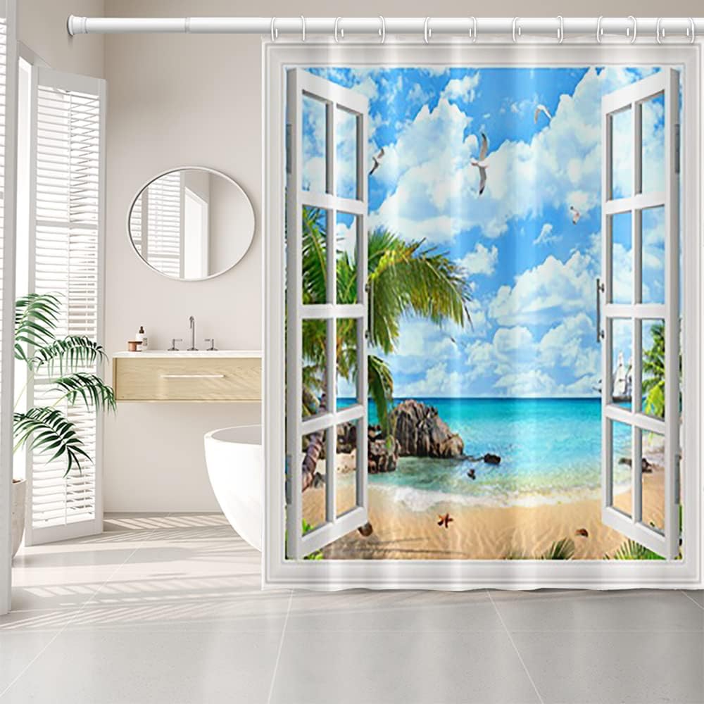 Tropical Beach Shower Curtains Summer Coastal Green Leaves Seagull White Window View Shower Curtain for Bathroom Decor Waterproof Polyester Fabric with 12 Hooks, 72x78 Inch