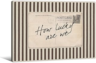 How Lucky Are We Wall Art Vintage Postcard Quote Canvas Print Fashion Brown Striped Aesthetic Poster 08x10 inch Frame for Modern Bedroom Home Wall Decor